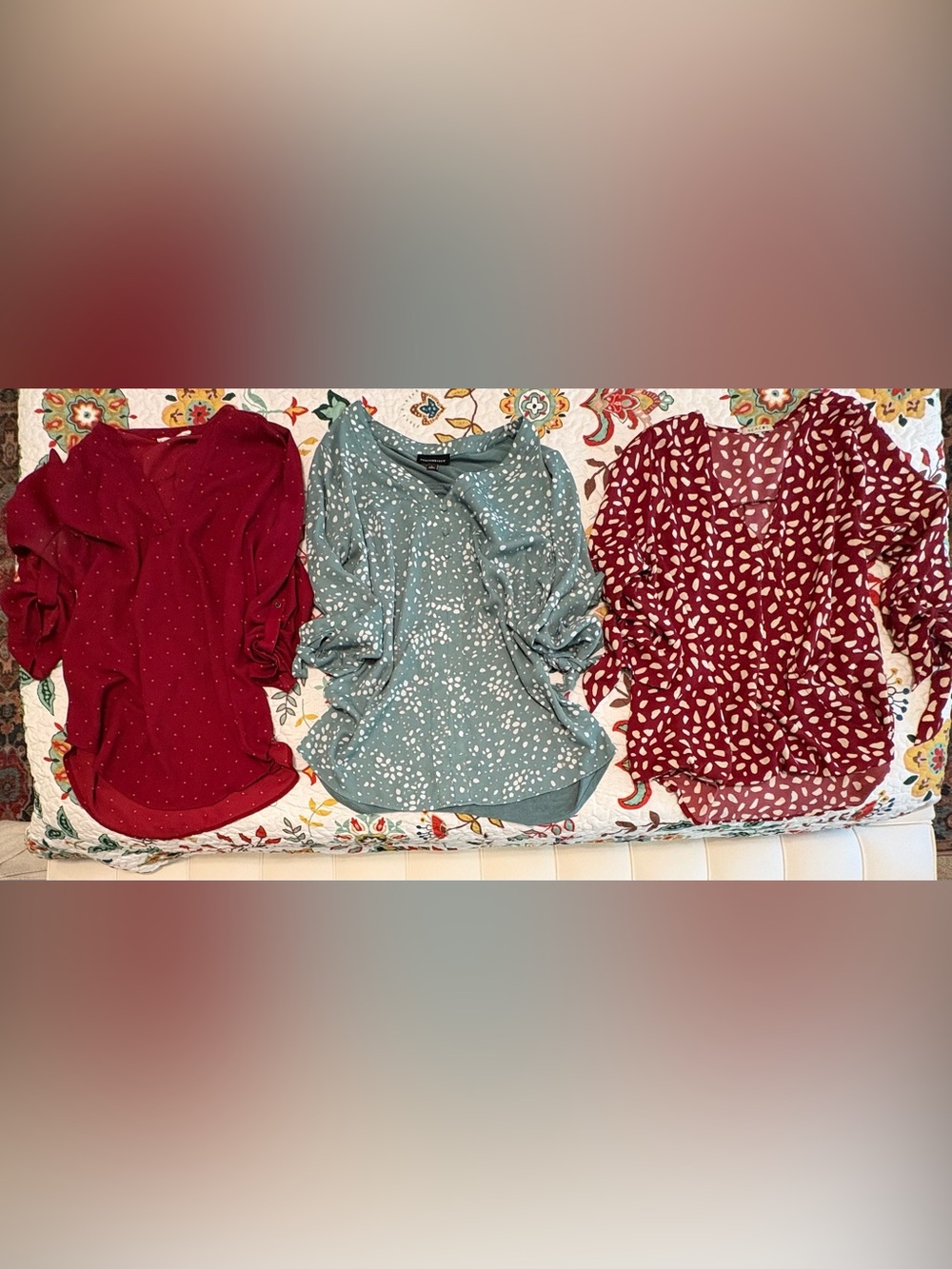 Three Pack essential business casual blouses 3/4 sleeve, size large.